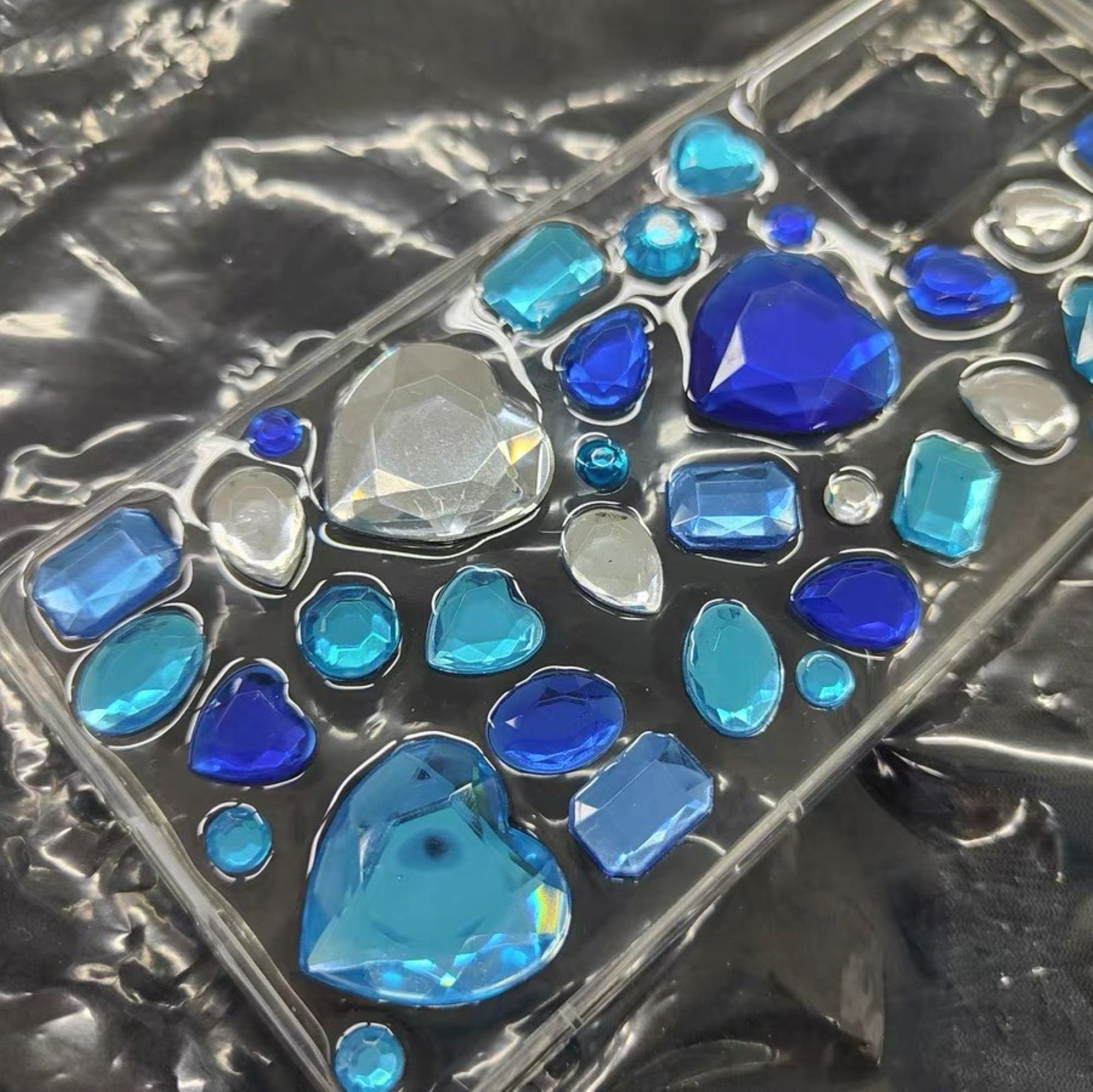 Blue and silver rhinestone heart gem phone case
