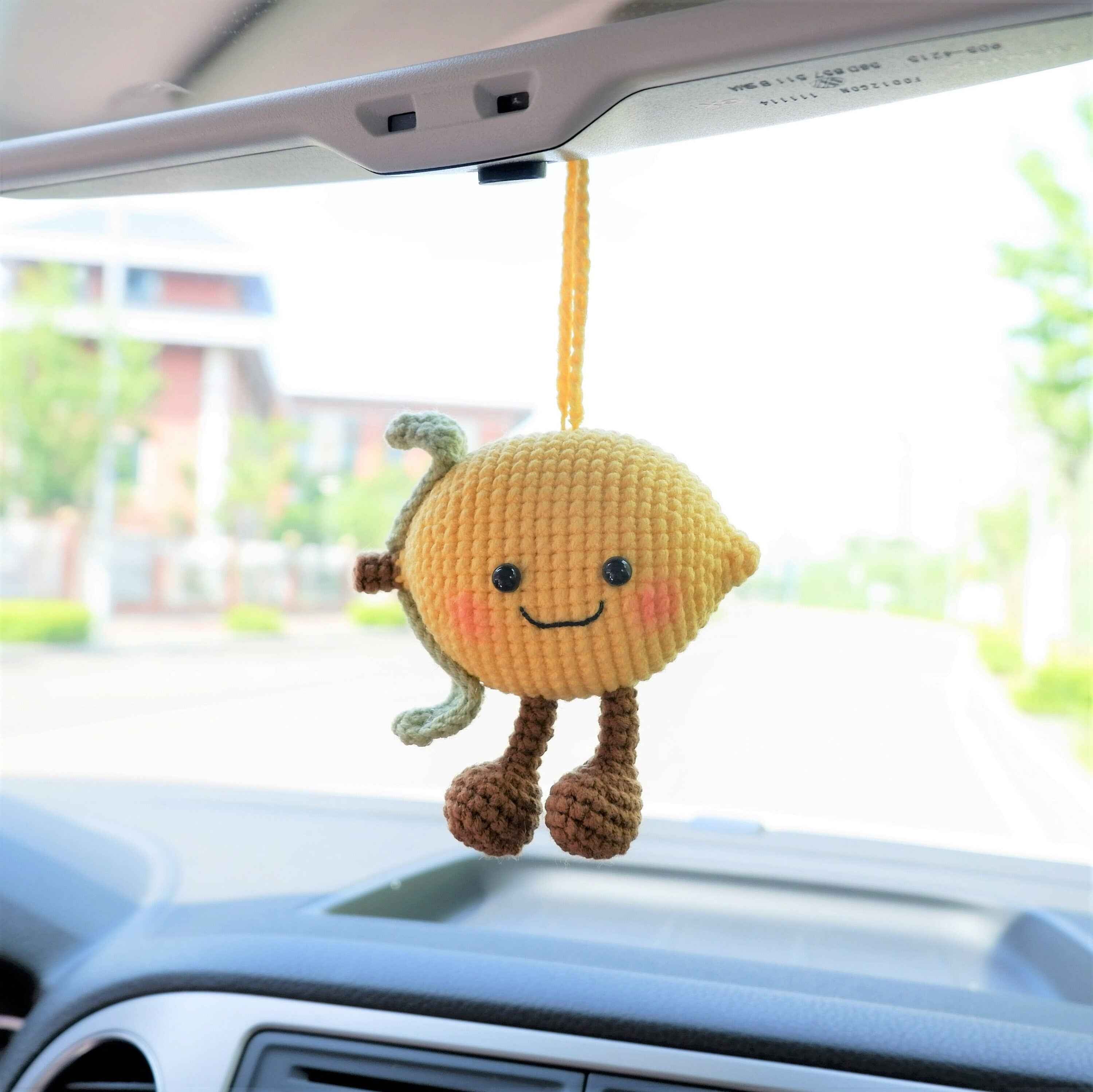 Crochet Lemon Doll Car Mirror Hanging Accessory, Smiley Lemon Car Rear View Mirror Accessory, Anime Car Interior Accessory  for Women/Teens