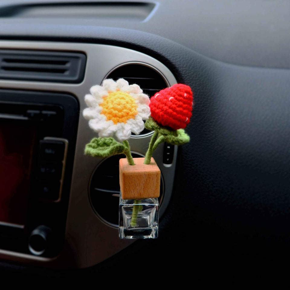Cute crochet strawberry and daisy diffuser bottle for car interior decor
