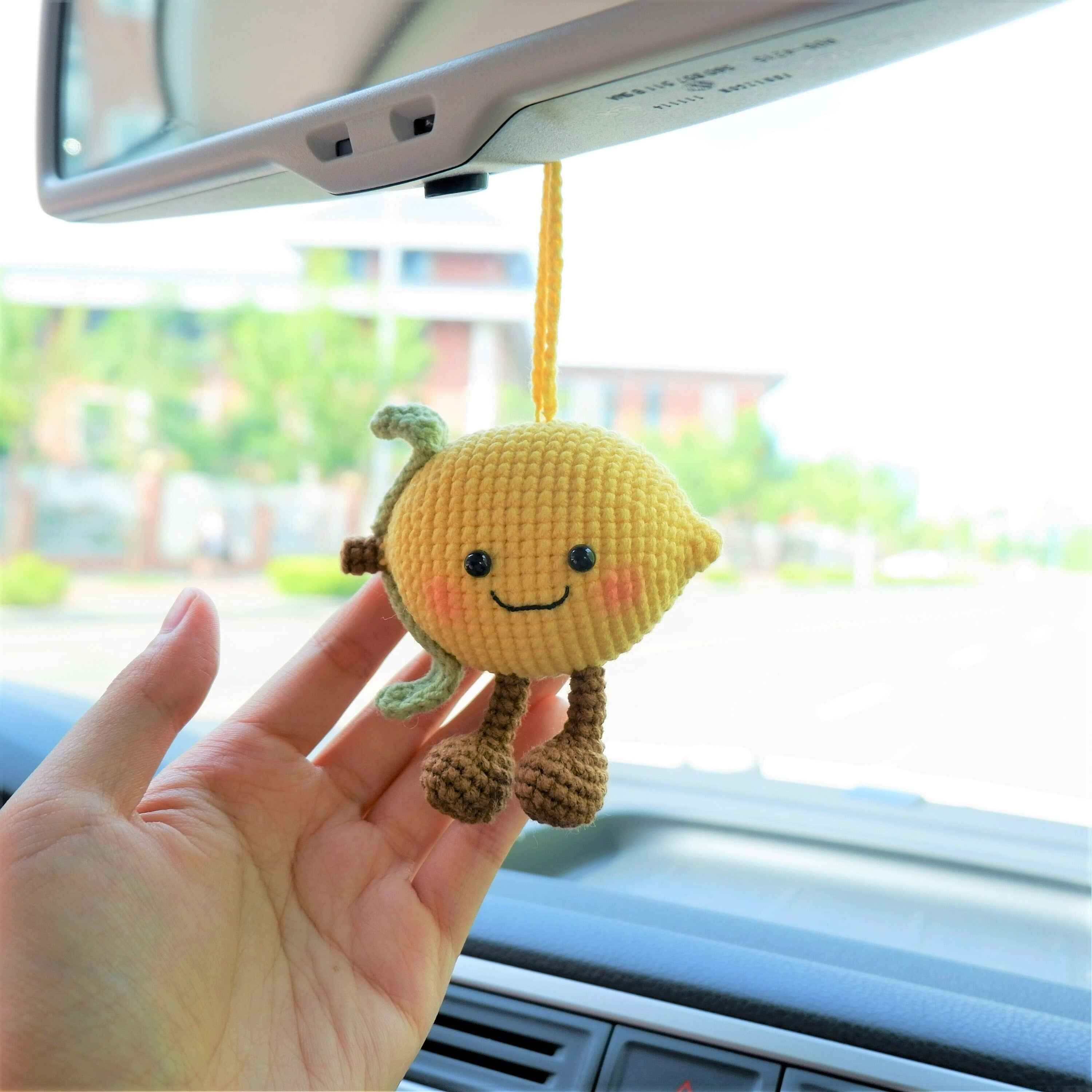 Crochet Lemon Doll Car Mirror Hanging Accessory, Smiley Lemon Car Rear View Mirror Accessory, Anime Car Interior Accessory  for Women/Teens
