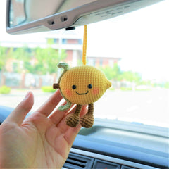 Crochet Lemon Doll Car Mirror Hanging Accessory, Smiley Lemon Car Rear View Mirror Accessory, Anime Car Interior Accessory  for Women/Teens