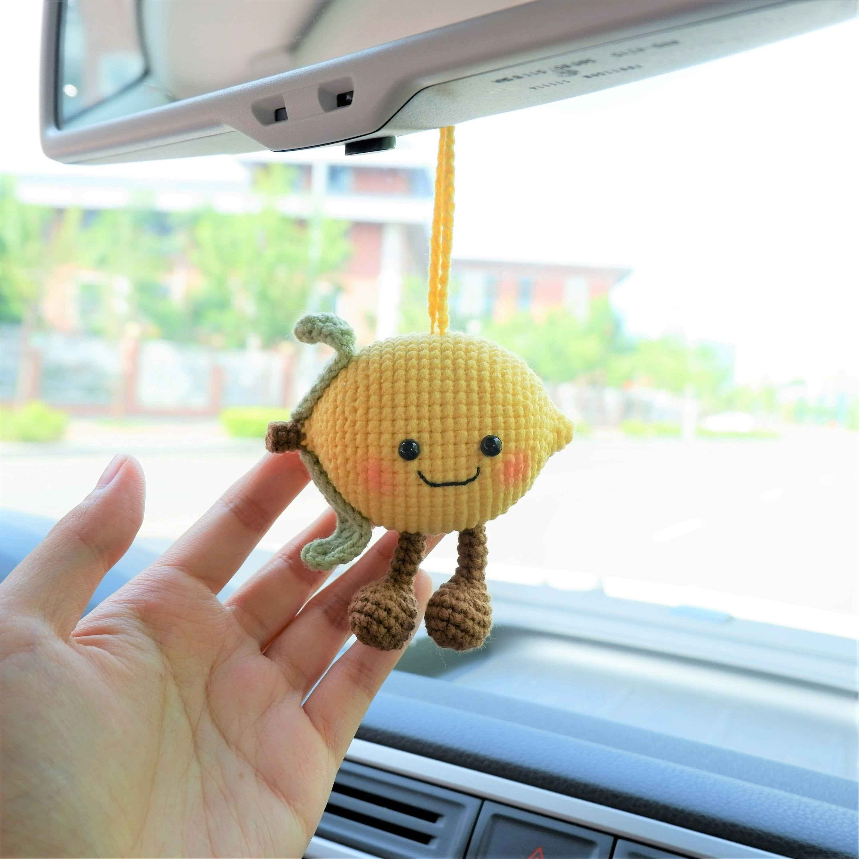 Crochet Lemon Doll Car Mirror Hanging Accessory, Smiley Lemon Car Rear View Mirror Accessory, Anime Car Interior Accessory  for Women/Teens