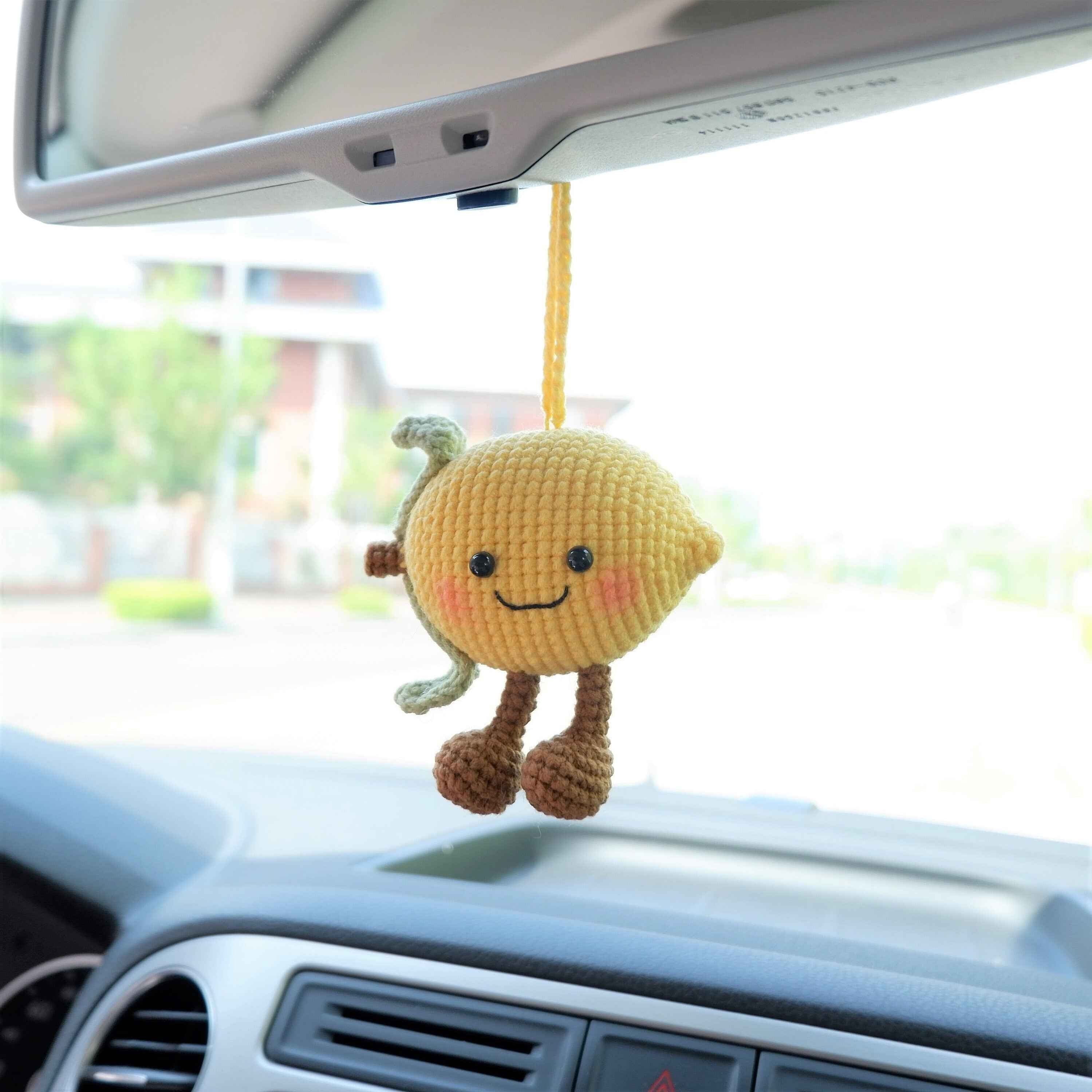Crochet Lemon Doll Car Mirror Hanging Accessory, Smiley Lemon Car Rear View Mirror Accessory, Anime Car Interior Accessory  for Women/Teens