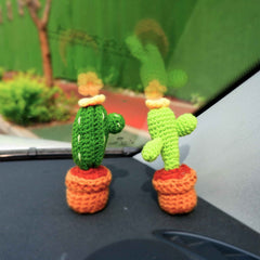 2Pcs Mini Cactus Car Accessories, Crochet Cactus Plant Car Dashboard Decor, Boho Car Interior Accessory for Women, Desk Decor Aesthetic