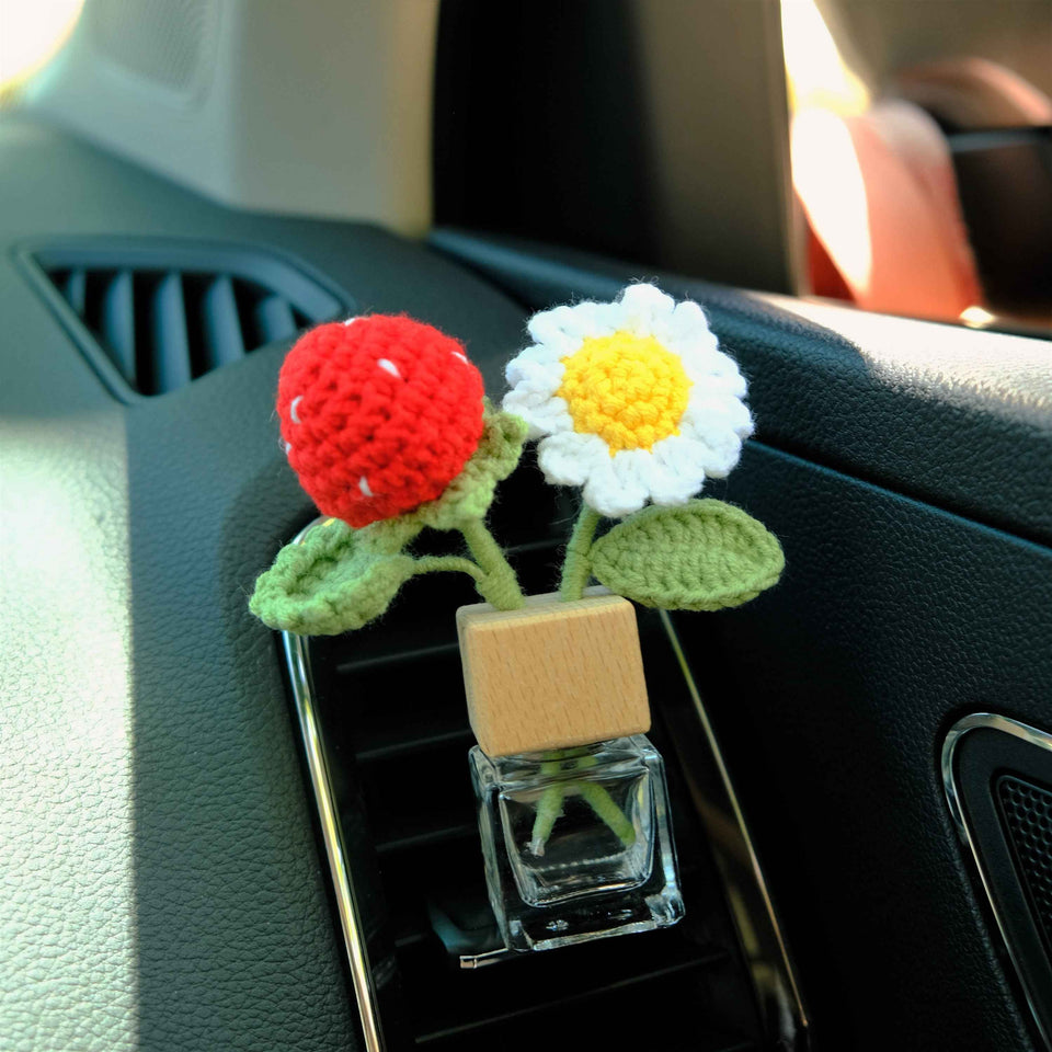 Crochet strawberry flower car air freshener bottle for vent clip use