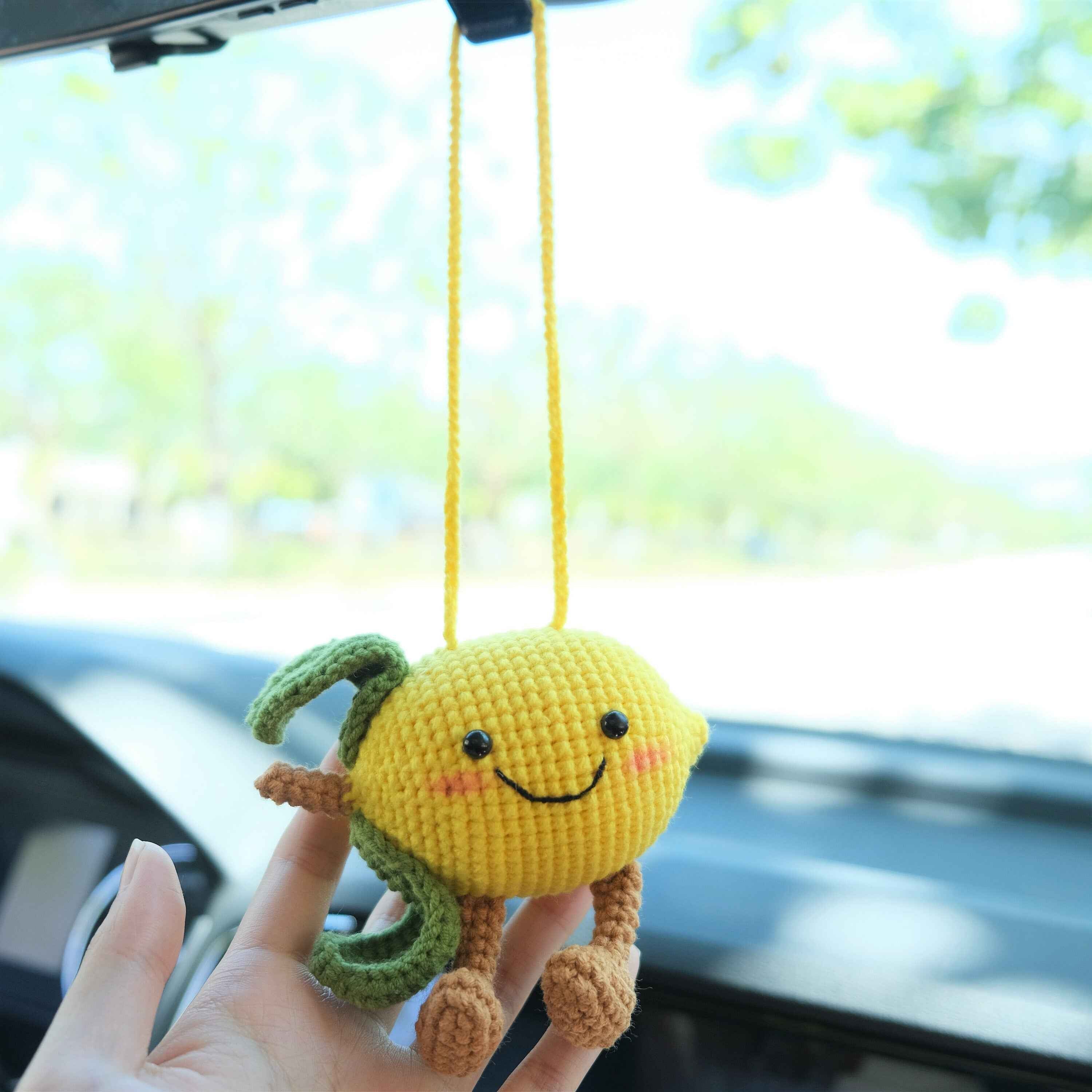 Crochet Lemon Doll Car Mirror Hanging Accessory, Smiley Lemon Car Rear View Mirror Accessory, Anime Car Interior Accessory  for Women/Teens