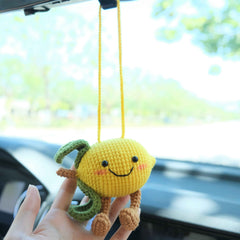 Crochet Lemon Doll Car Mirror Hanging Accessory, Smiley Lemon Car Rear View Mirror Accessory, Anime Car Interior Accessory  for Women/Teens