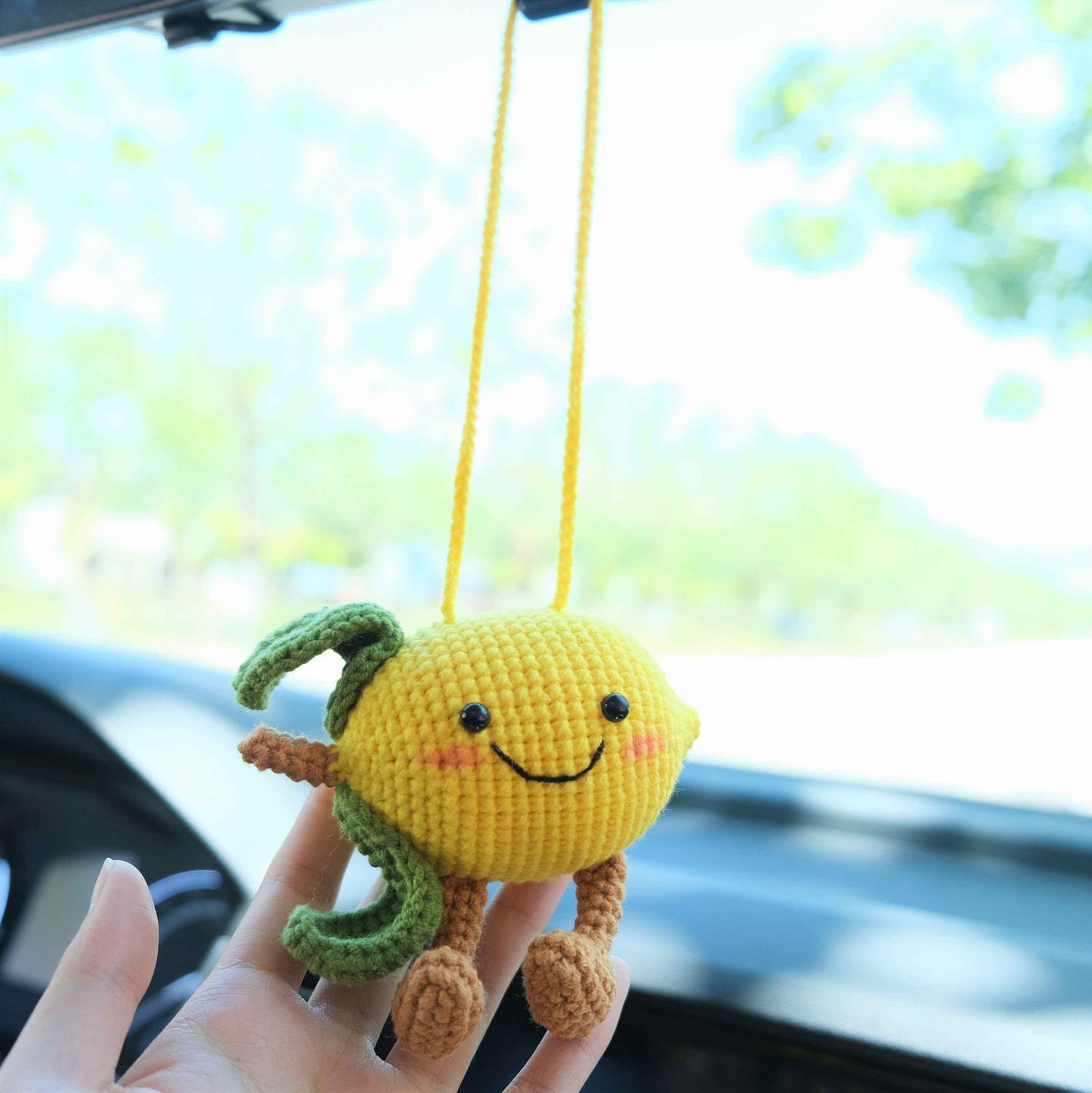 Crochet Lemon Doll Car Mirror Hanging Accessory, Smiley Lemon Car Rear View Mirror Accessory, Anime Car Interior Accessory  for Women/Teens