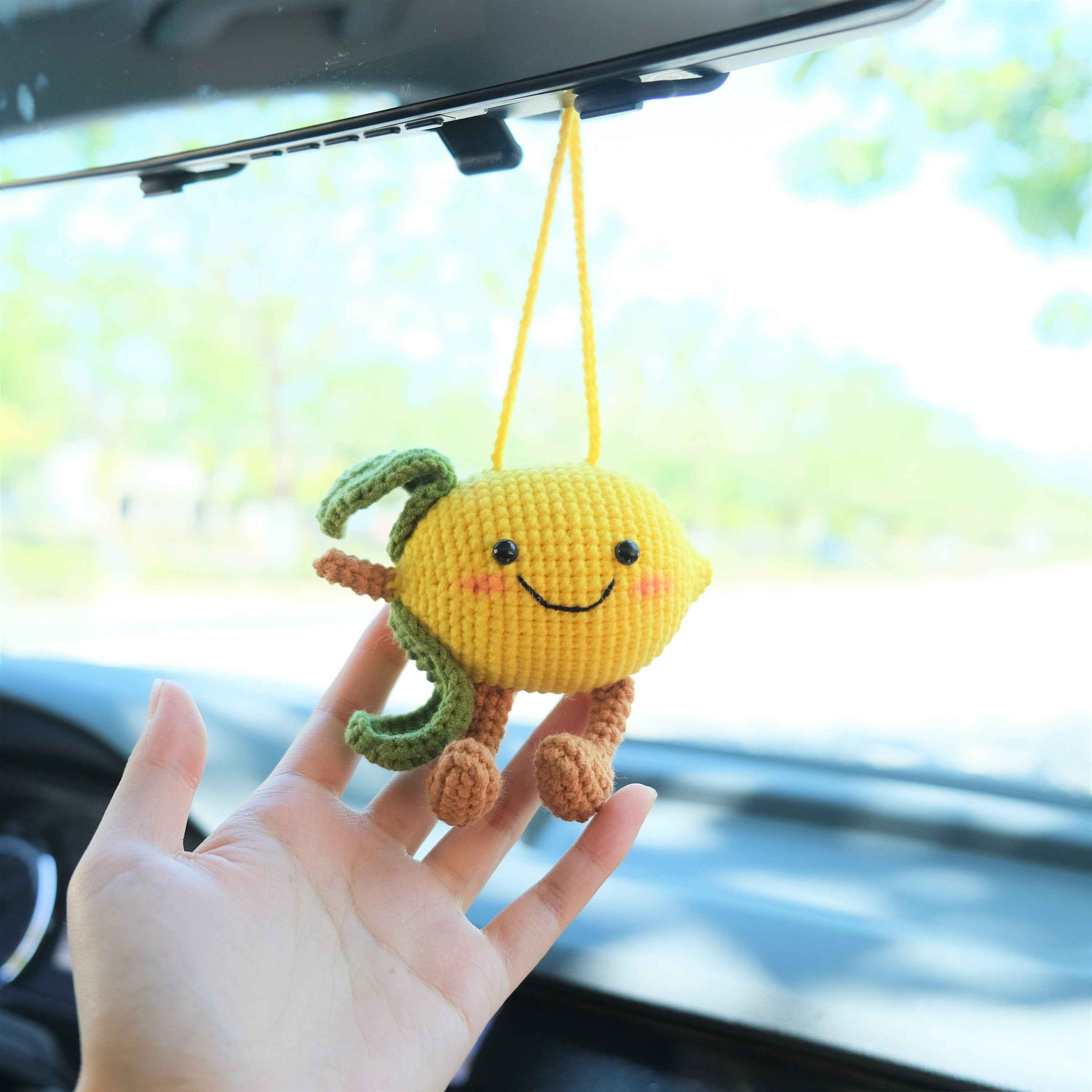 Crochet Lemon Doll Car Mirror Hanging Accessory, Smiley Lemon Car Rear View Mirror Accessory, Anime Car Interior Accessory  for Women/Teens