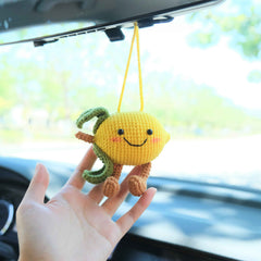 Crochet Lemon Doll Car Mirror Hanging Accessory, Smiley Lemon Car Rear View Mirror Accessory, Anime Car Interior Accessory  for Women/Teens