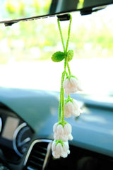 Car Mirror Hanging Accessories, Crochet Lily of the Valley Car Rear Mirror Accessory, Boho Car Decor Interior, Crochet Car Hanging Decor