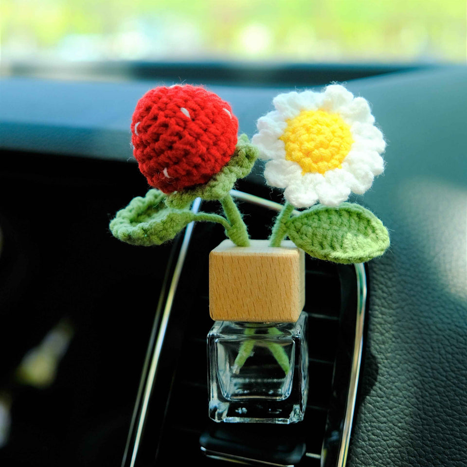 Handmade strawberry and daisy car diffuser bottle with cute crochet cover