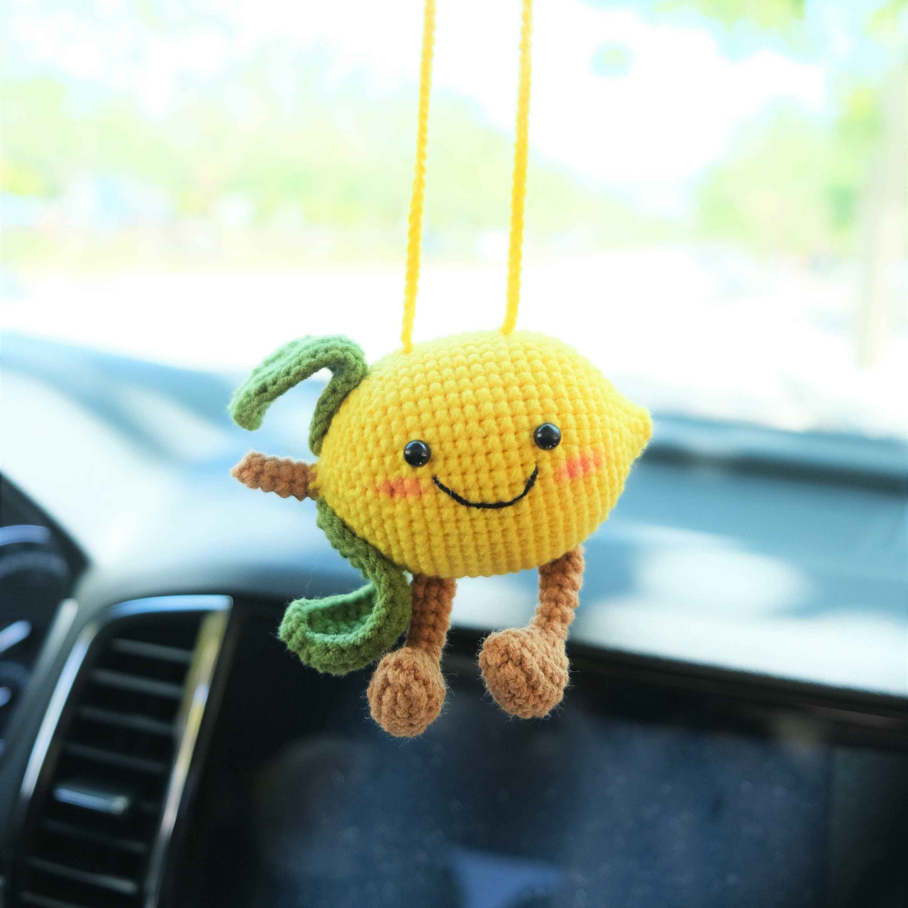 Crochet Lemon Doll Car Mirror Hanging Accessory, Smiley Lemon Car Rear View Mirror Accessory, Anime Car Interior Accessory  for Women/Teens