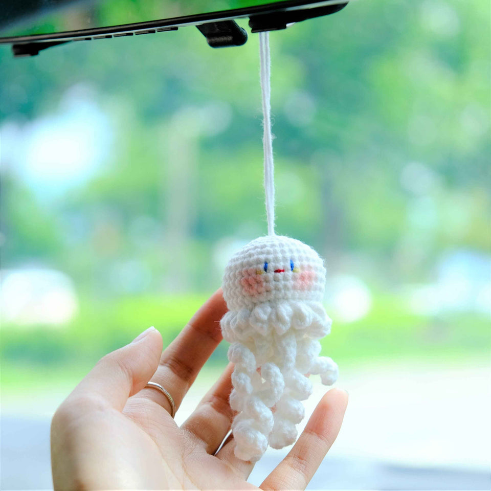 Crochet jellyfish rearview mirror hanging charm for cute car interior decor