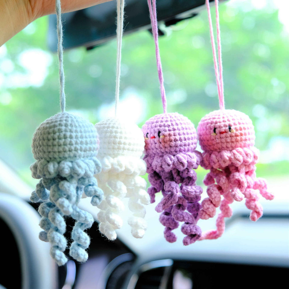 Crochet jellyfish hanging car accessory gift for cute car decor lovers