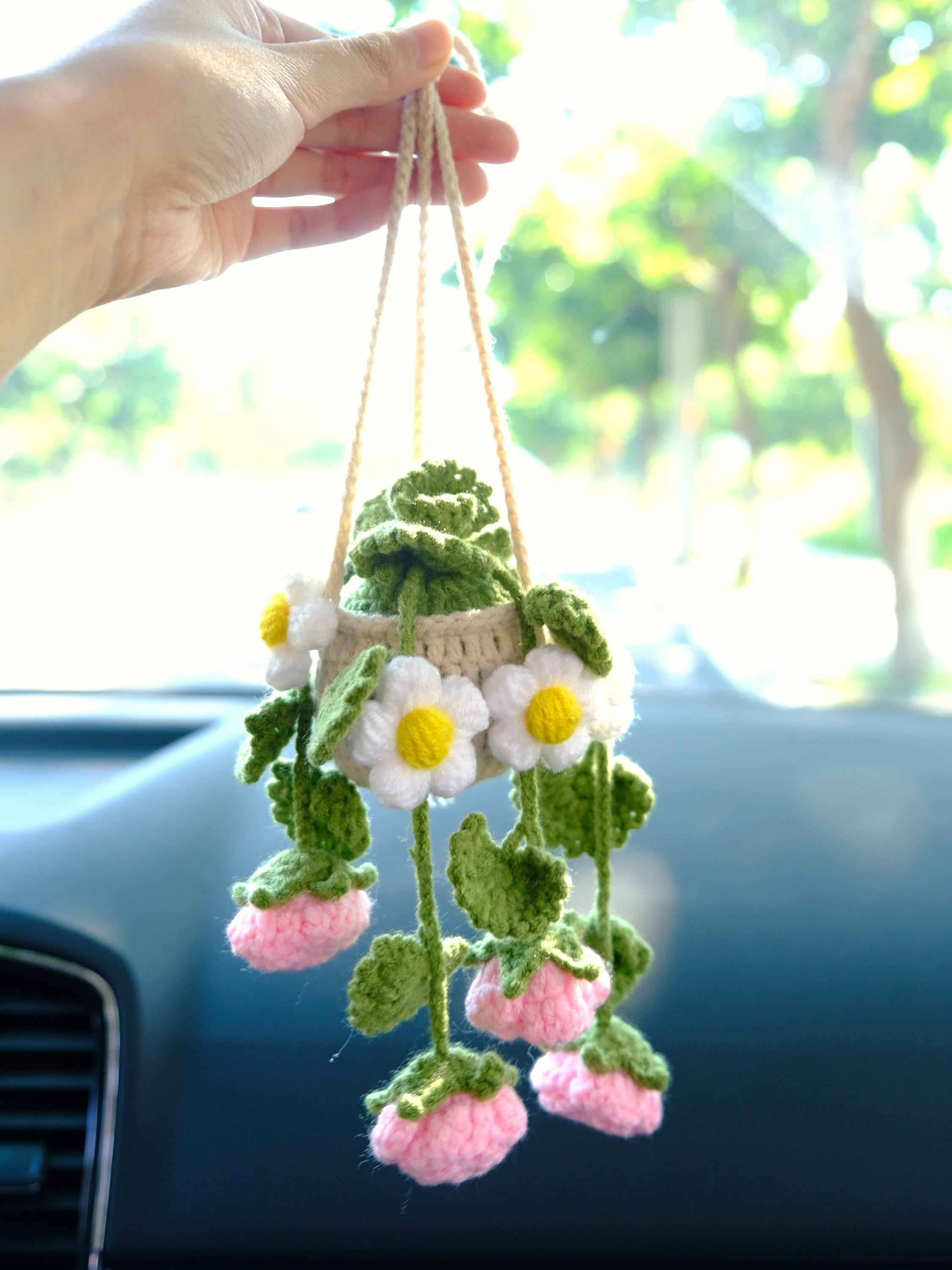 Crochet Rose & Daisy Car Mirror Hanging Accessories, Succulents Car Rear View Mirror Accessory, Boho Interior Car Accessory for Women