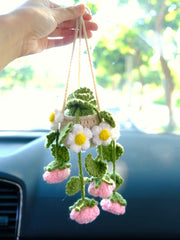 Crochet Rose & Daisy Car Mirror Hanging Accessories, Succulents Car Rear View Mirror Accessory, Boho Interior Car Accessory for Women