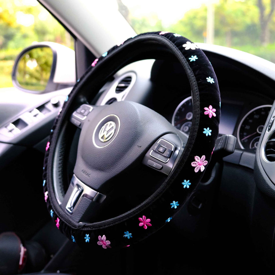 Pink flower embroidery steering wheel cover with elastic fabric grip
