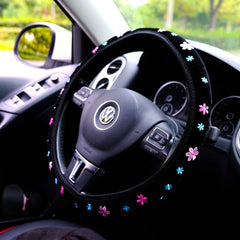 Pink Flower Embroidered Steering Wheel Cover, Elastic Steering Wheel Cover, Boho Steering Wheel Cover for Women, Cute Steering Wheel Cover