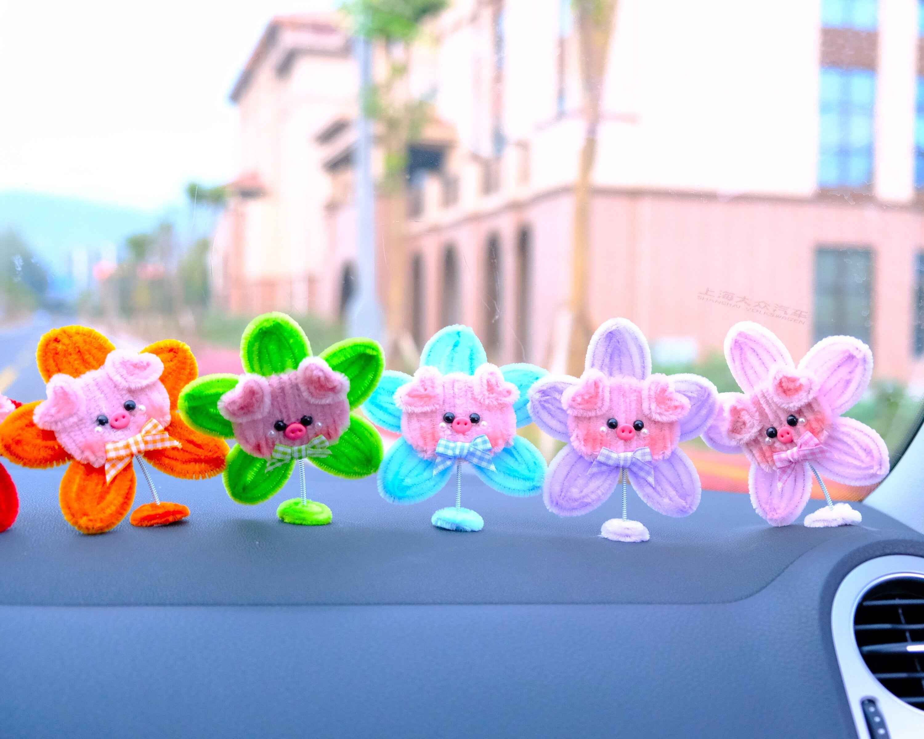 3pcs Chenille Piggy Flower Car Accessory, Cute Rainbow Flower Bobblehead Car Dashboard Decor, Cute Car Accessories Interior, Christmas Gift