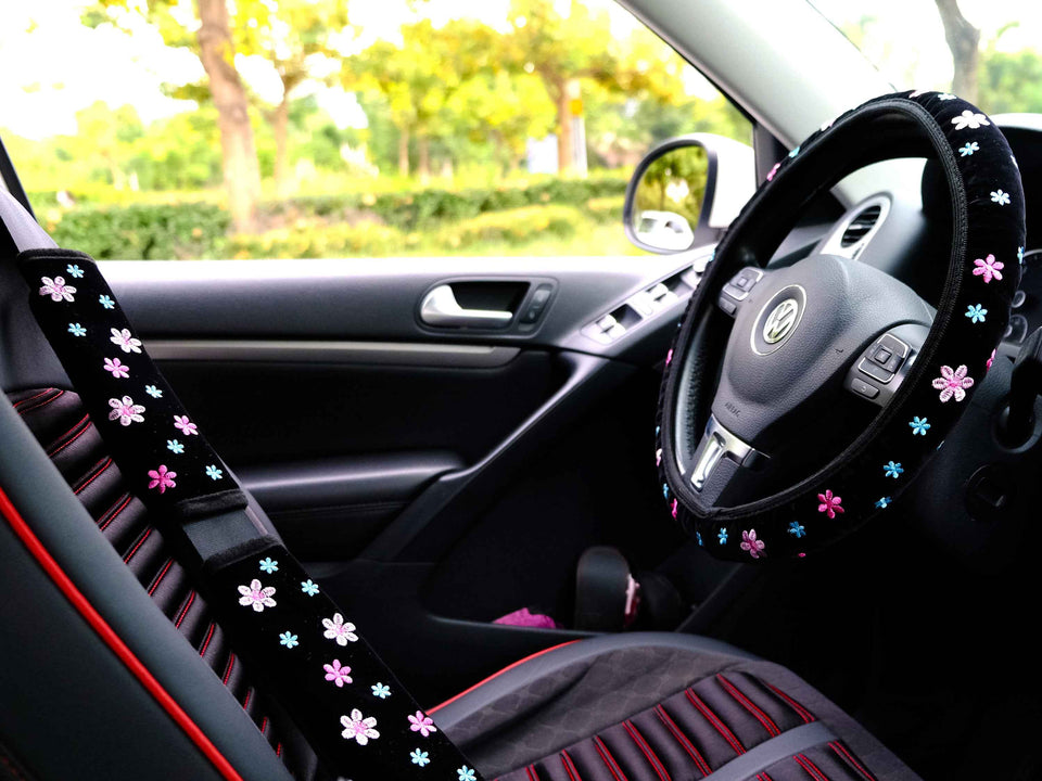 Pink flower embroidered steering wheel cover for cute car interior