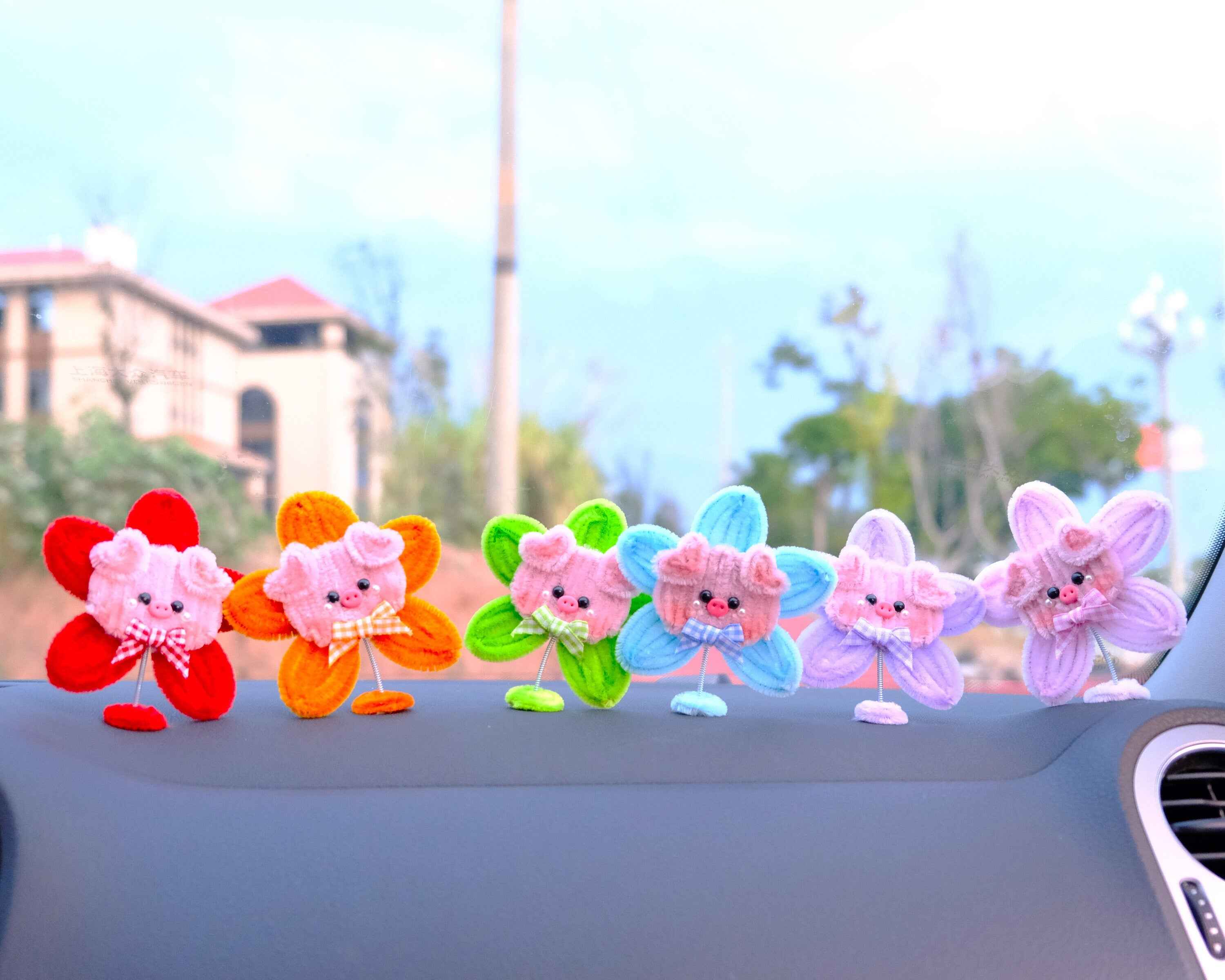 3pcs Chenille Piggy Flower Car Accessory, Cute Rainbow Flower Bobblehead Car Dashboard Decor, Cute Car Accessories Interior, Christmas Gift