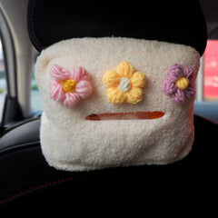 Handmade crochet Crochet Fluffy Flower Car Tissue Box with intricate details and vibrant colors