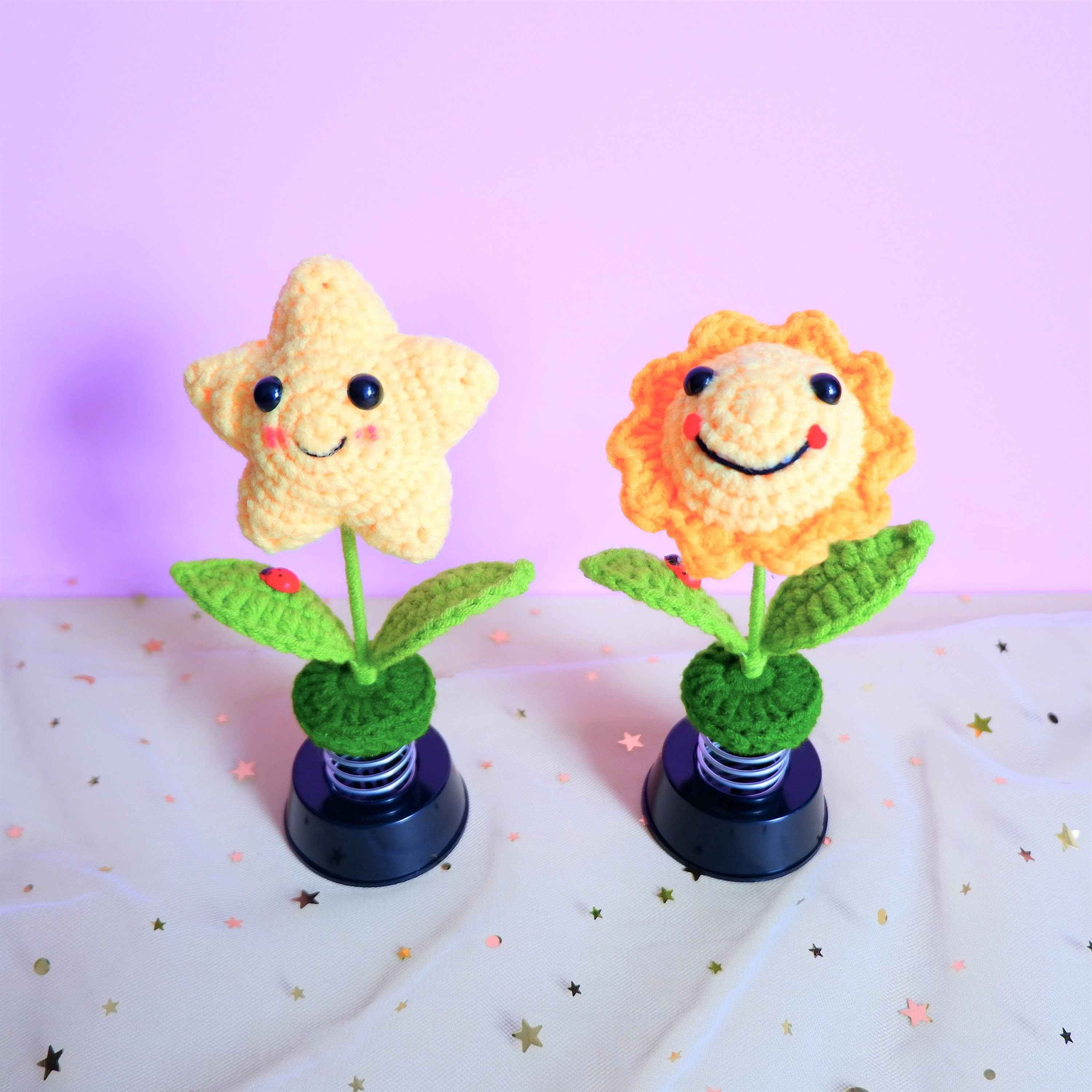 Crochet Bobblehead Car Dashboard Decor- Smiley Sun/Star