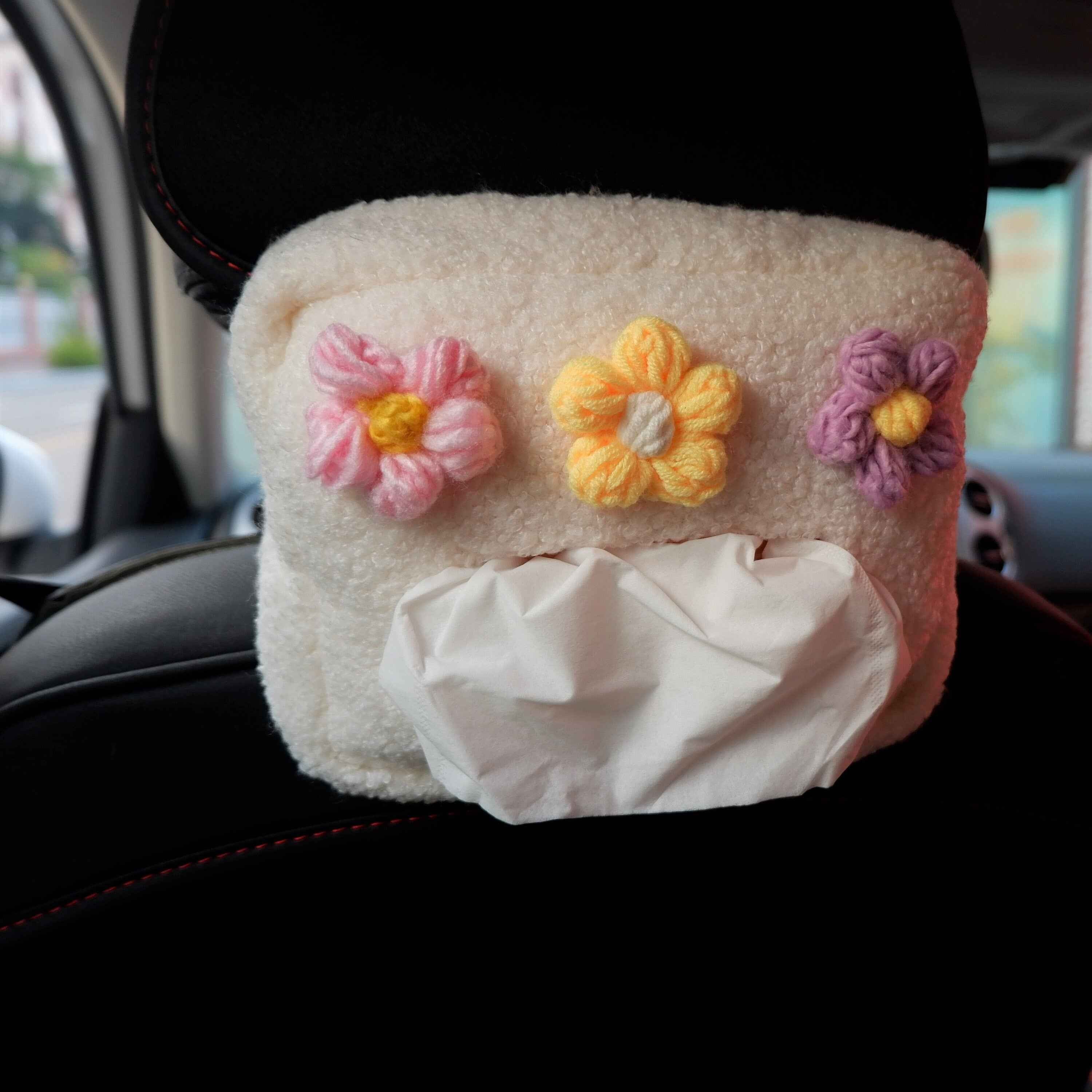 Crochet Fluffy Flower Car Tissue Box