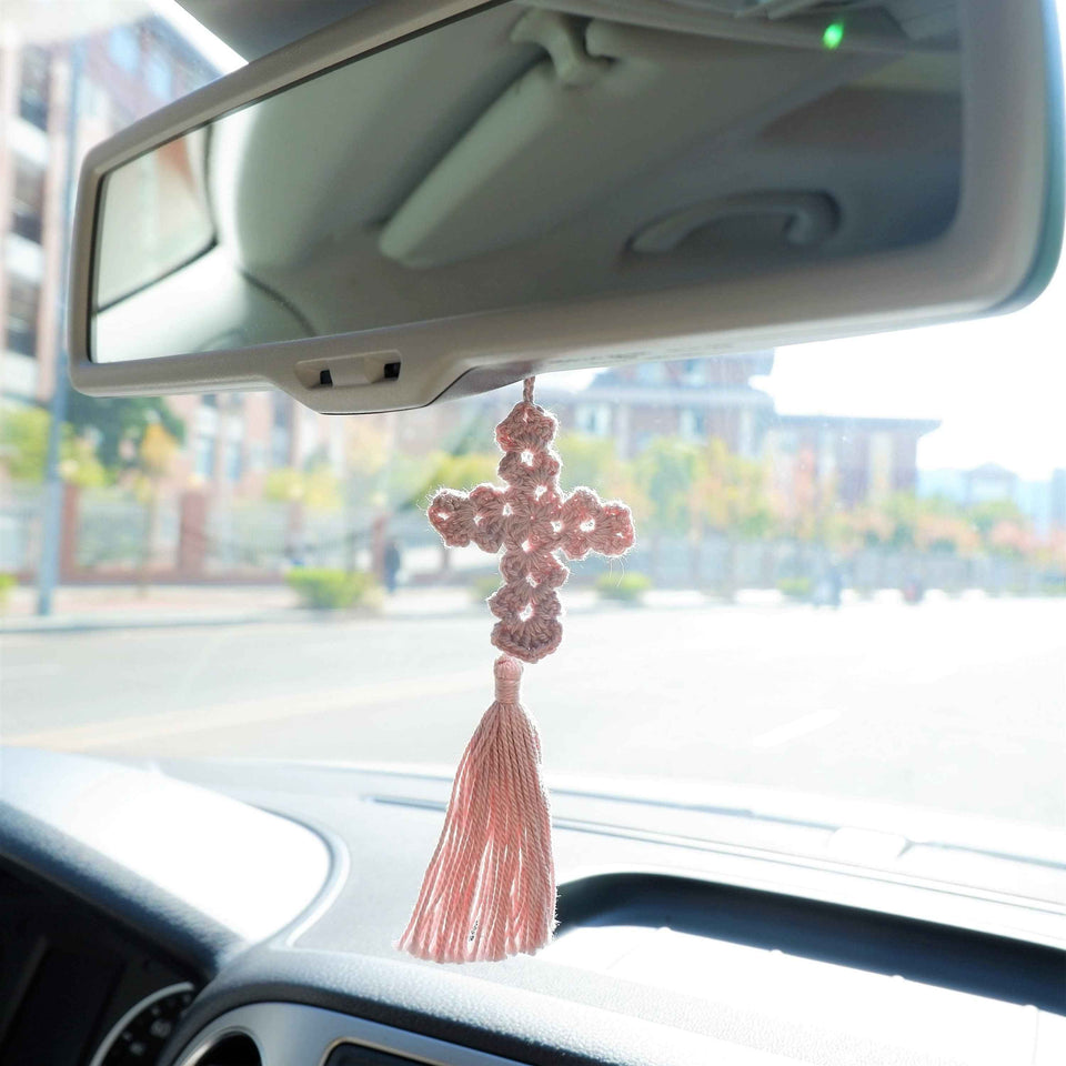 Meaningful cross car mirror charm with soft handmade yarn