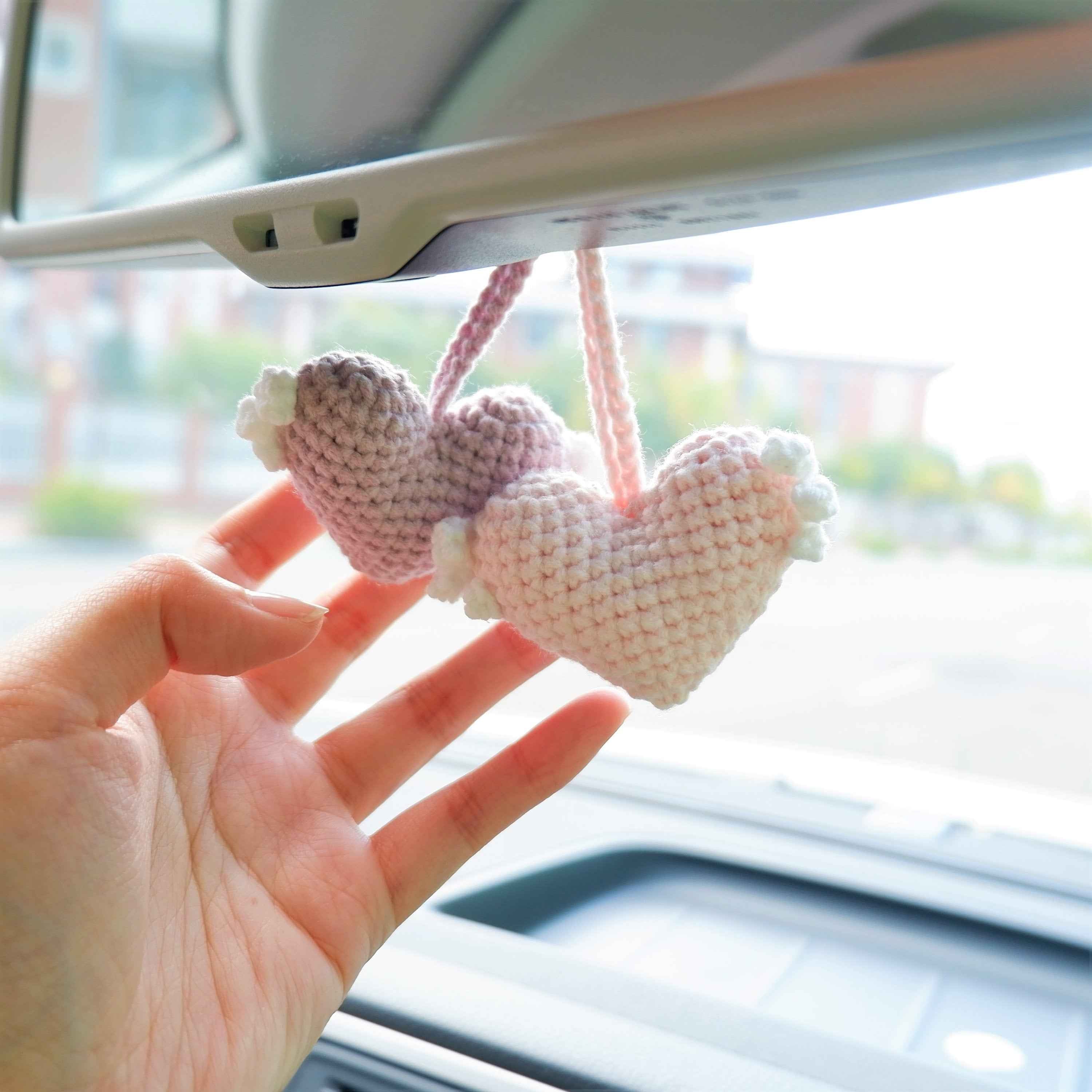 2Pcs Car Mirror Accessories- Crochet Hearts Wings
