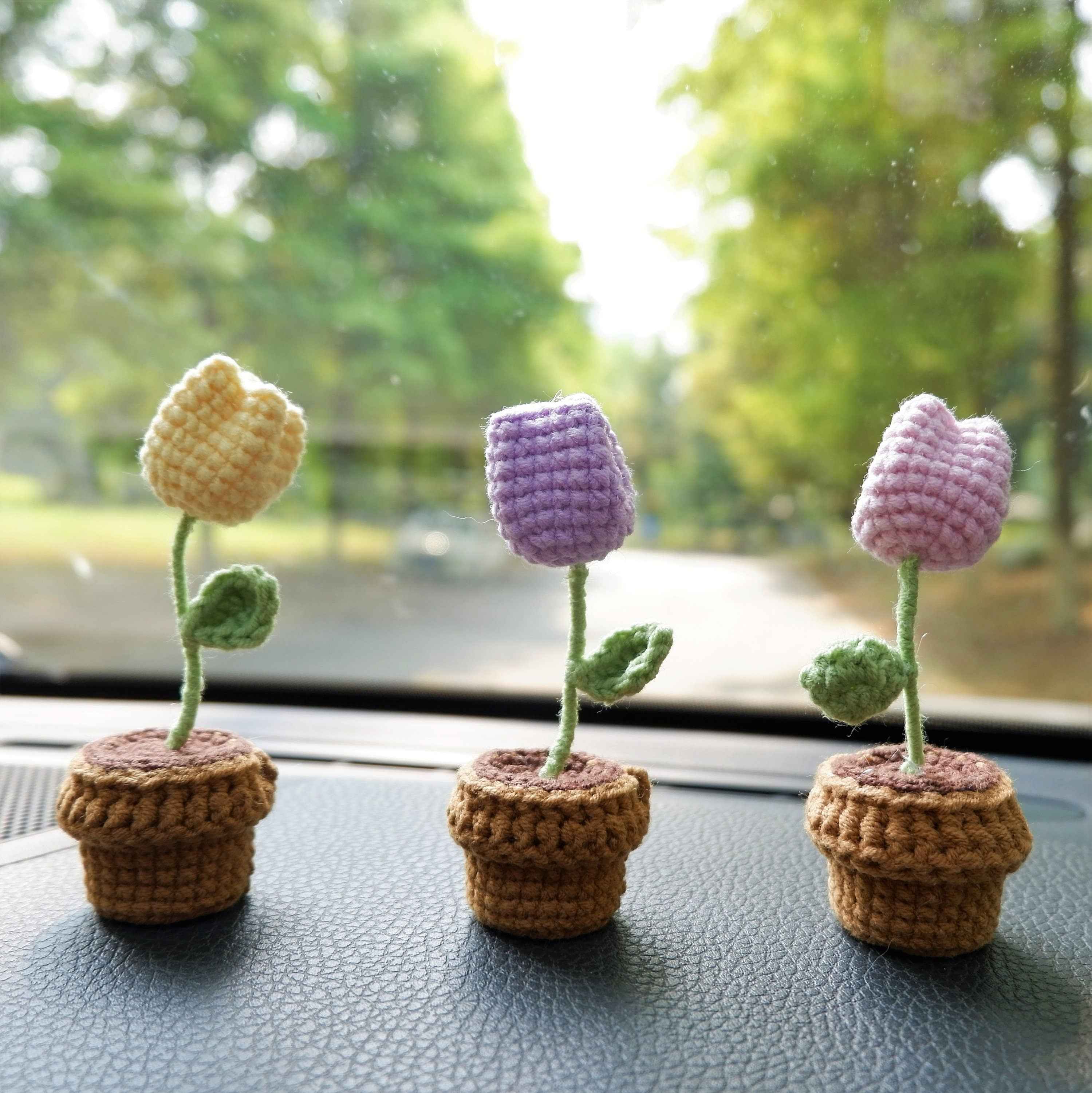 3pcs/2Pcs Croxhet Car Accessories- Mini Potted Tulip