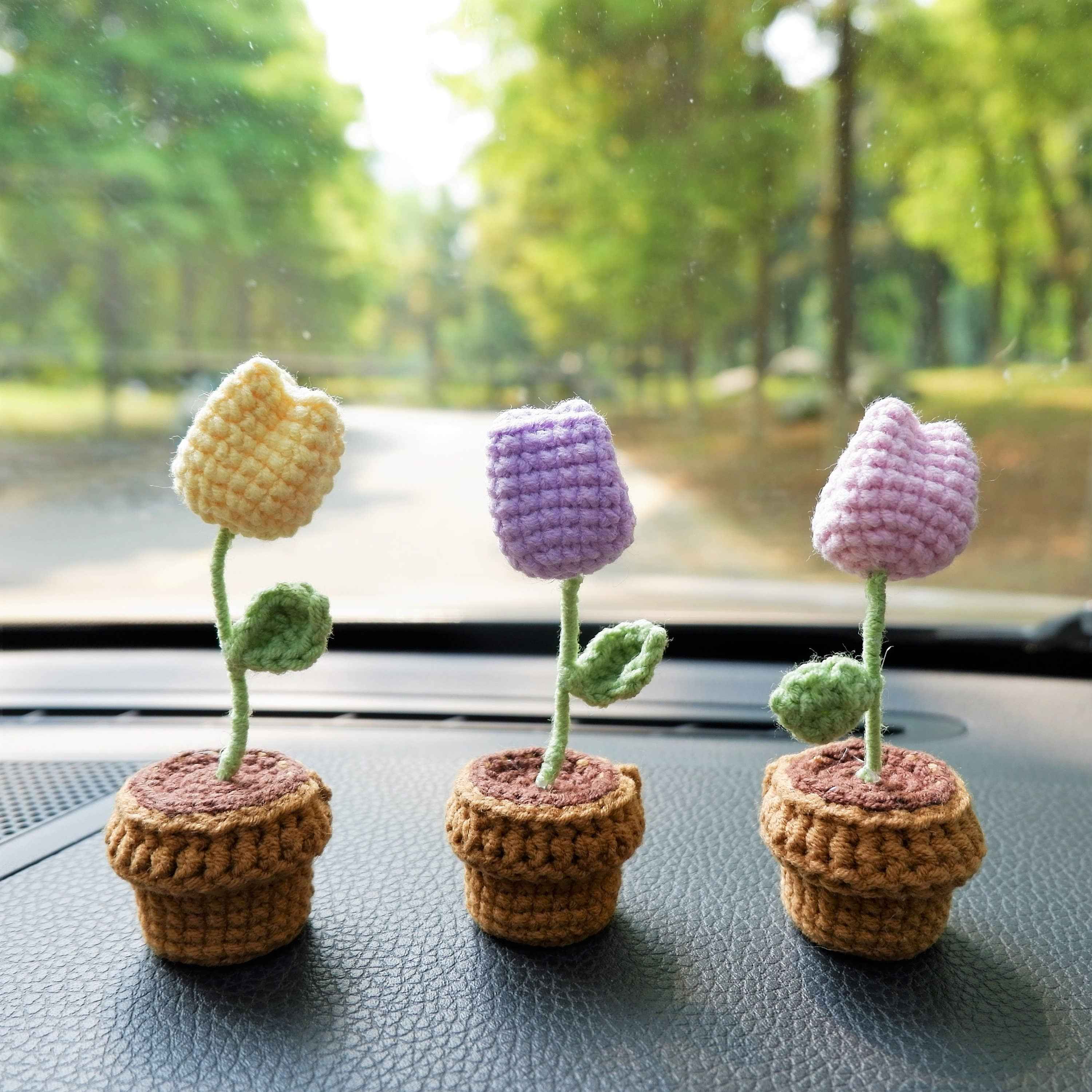 3pcs/2Pcs Croxhet Car Accessories- Mini Potted Tulip