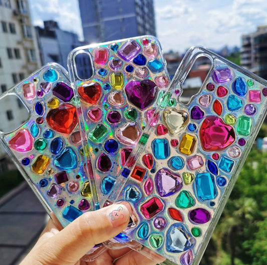 3D bling rhinestone phone case with heart gems and colorful Y2K sparkle