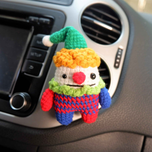 Crochet clown car vent clip air freshener with scented felt pad