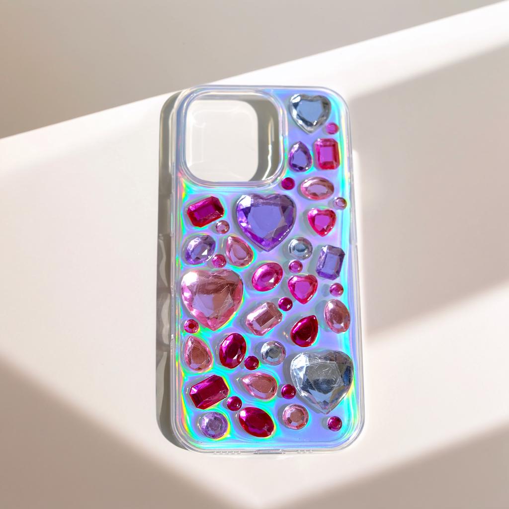 Purple and blue rhinestone heart gem phone case