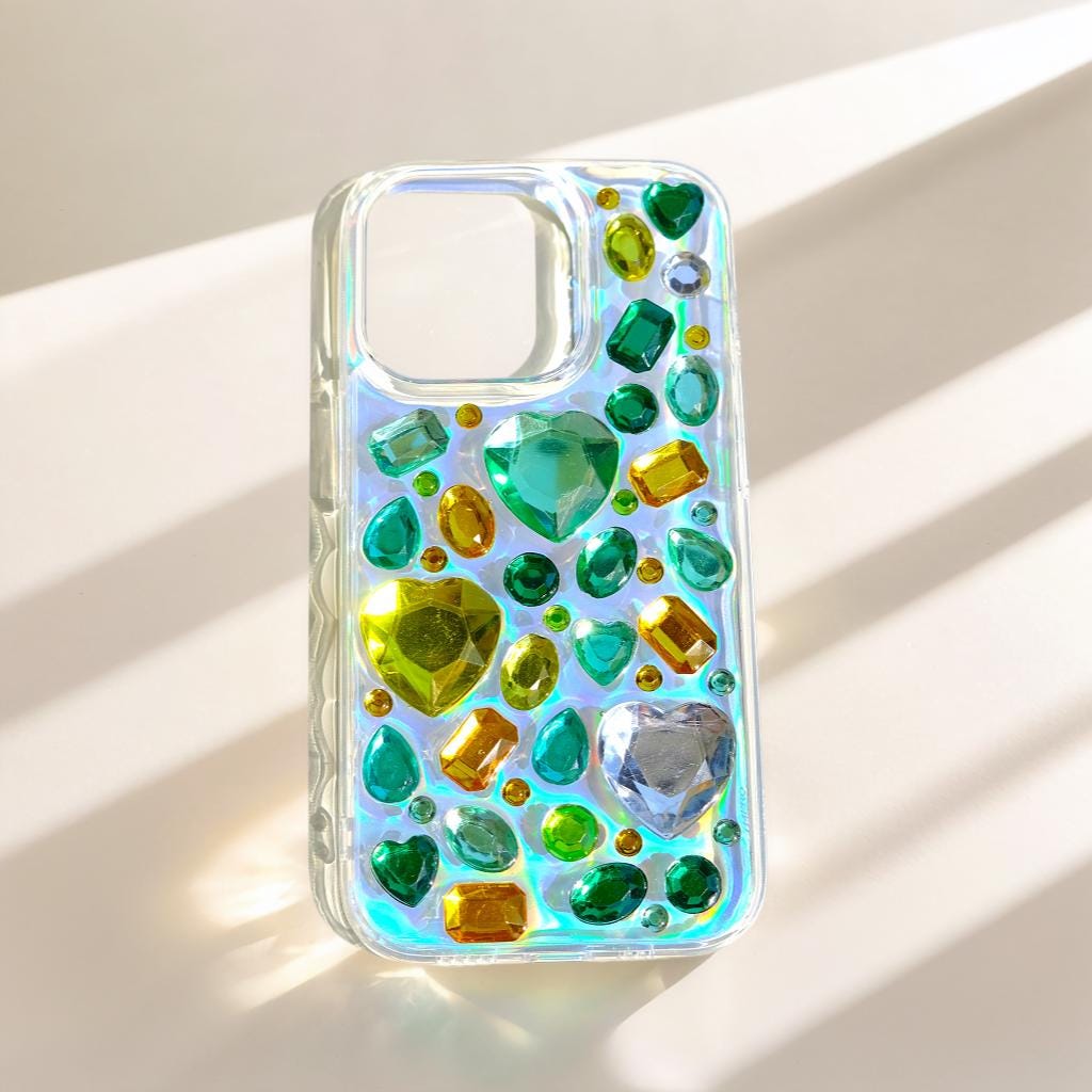 Green and yellow rhinestone heart gem phone case