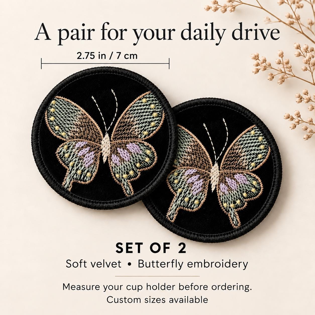 Embroidered Butterfly Car Coasters - Set of 2 - image 3