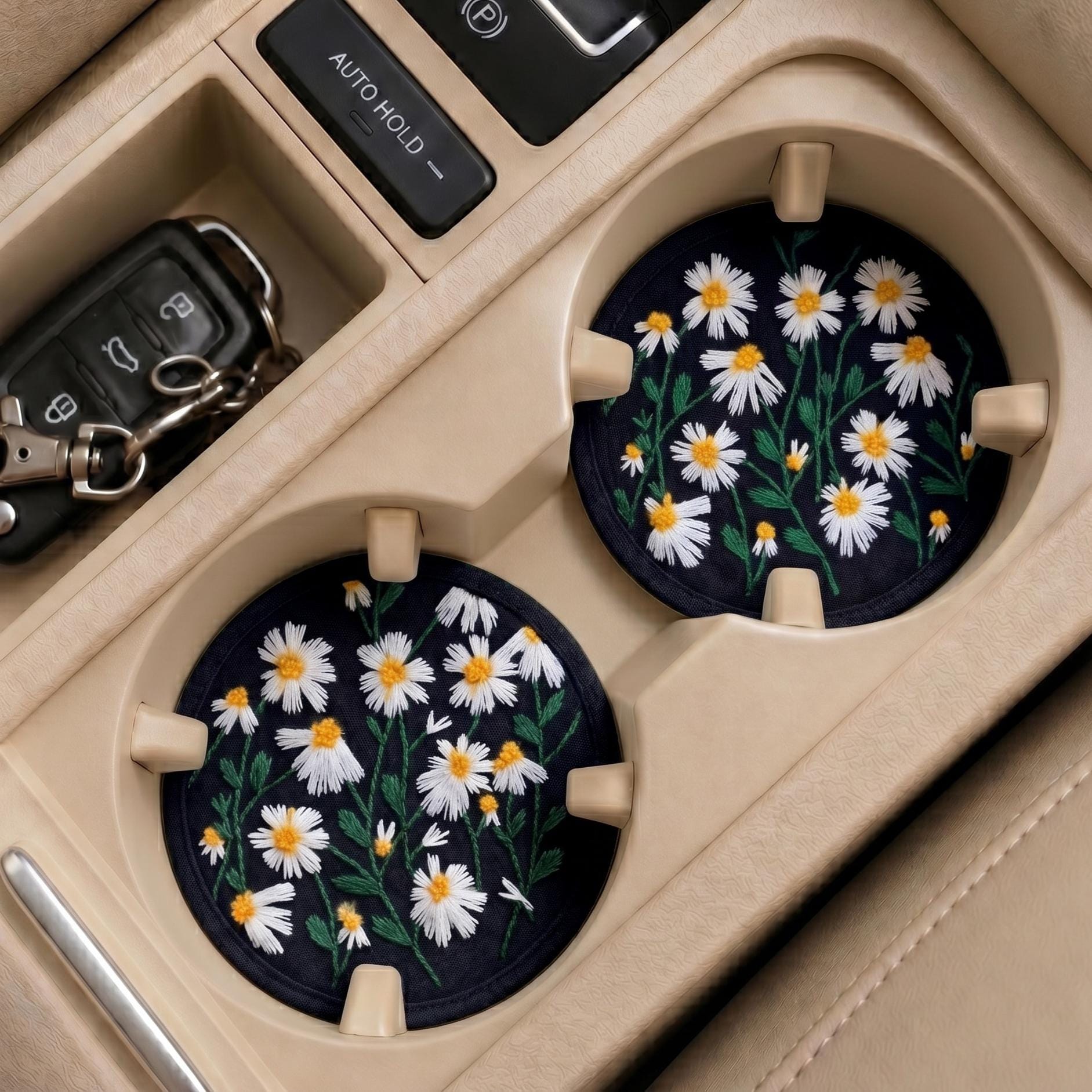 Embroidered Daisy Car Coasters - Set of 2
