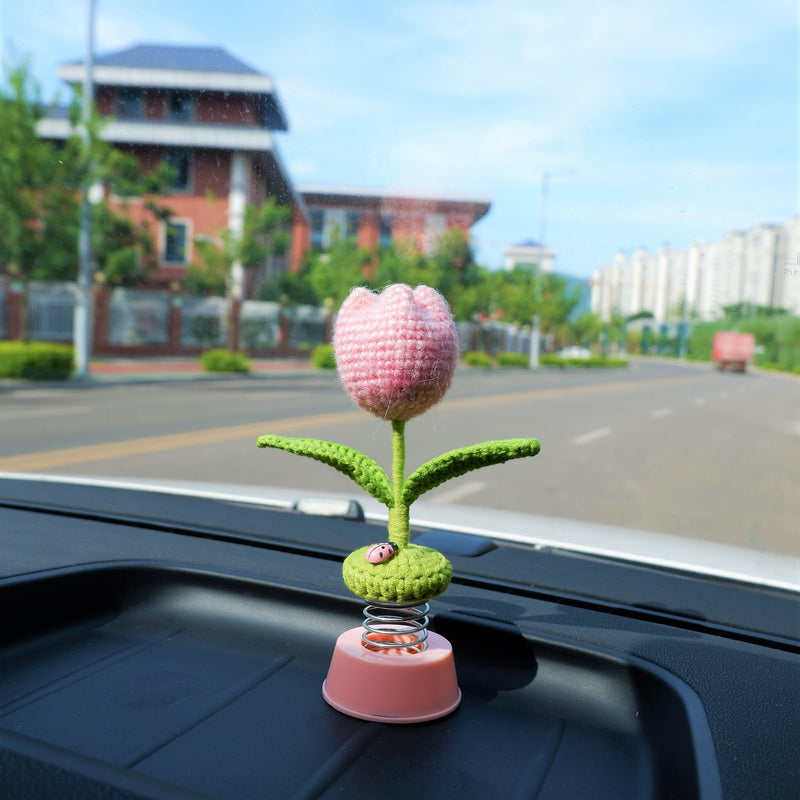 Crochet Tulip Car Dashboard Decor, Gradient Tulip Bobblehead Car Accessories, Cute Car Interior Accessories for Women, Car Air Freshener