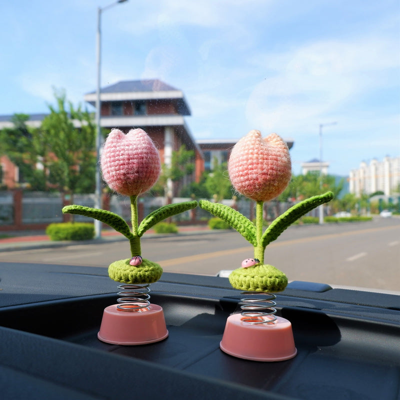 Crochet Tulip Car Dashboard Decor, Gradient Tulip Bobblehead Car Accessories, Cute Car Interior Accessories for Women, Car Air Freshener