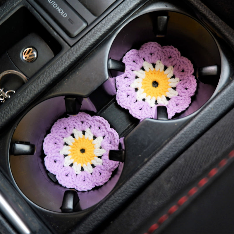 Crochet Car Coaster Set of 2, Granny Square Daisy Car Coasters, Boho Car Interior Accessory for Women, 2.75'' Car Cup Holder Coasters