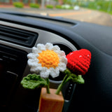 Crochet Strawberry & Daisy Car Air Freshener, Car Plant Vent Clip, Flower Car Diffuser Bottle, Cute Car Accessory for Women, Gift for Her