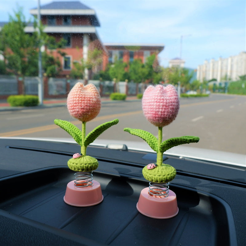 Crochet Tulip Car Dashboard Decor, Gradient Tulip Bobblehead Car Accessories, Cute Car Interior Accessories for Women, Car Air Freshener