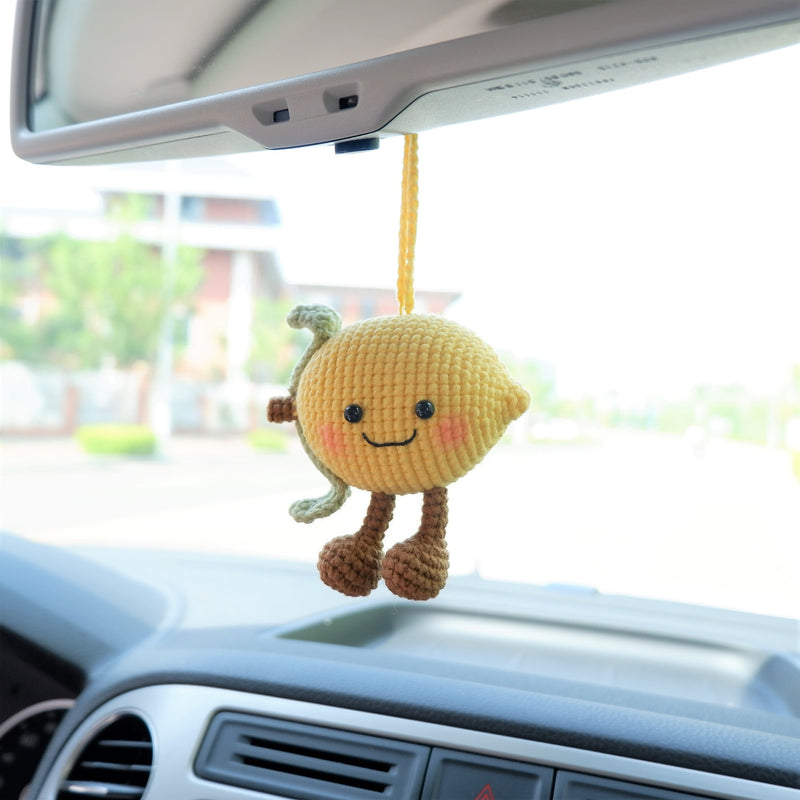 Crochet Lemon Doll Car Mirror Hanging Accessory, Smiley Lemon Car Rear View Mirror Accessory, Anime Car Interior Accessory for Women/Teens