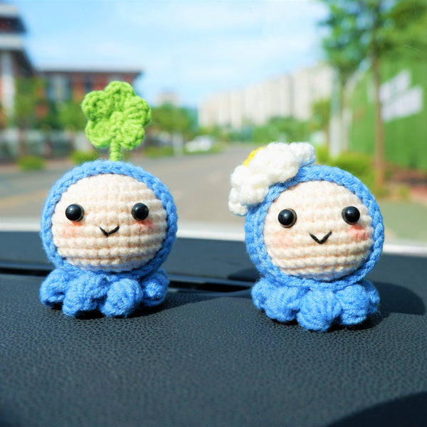 Crochet Smiley Jellyfish Car Dashboard Decor, Kawaii Clover/Daffodils Octopus Car Interior Accessories, Cute Car Accessory for Women/Teens