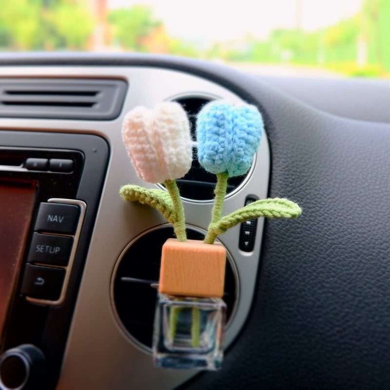 Crochet Tulips Car Diffuser, Car Plant Vent Clip, Car Air Freshener, Flower Car Diffuser Bottle, Boho Car Interior Accessory for Women