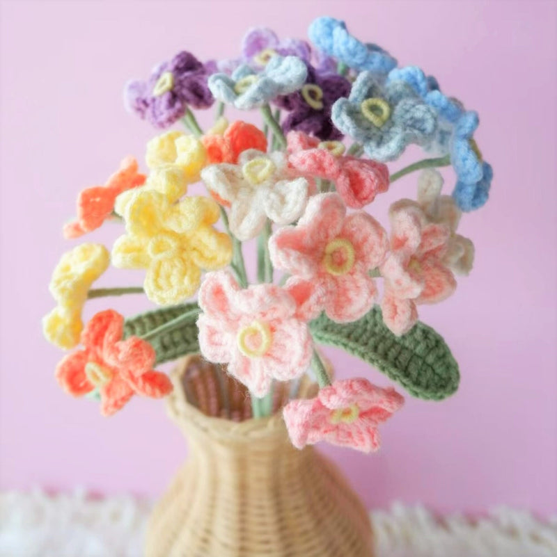 Crochet Rainbow Flower Bouquet, Forget-Me-Not Flower Bunch, Crochet Floral Arrangements, Knitted Everlasting Flower, Office Desk Decor