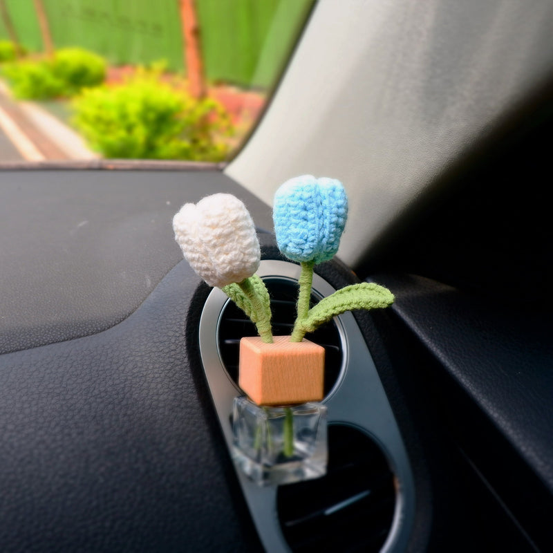 Crochet Tulips Car Diffuser, Car Plant Vent Clip, Car Air Freshener, Flower Car Diffuser Bottle, Boho Car Interior Accessory for Women