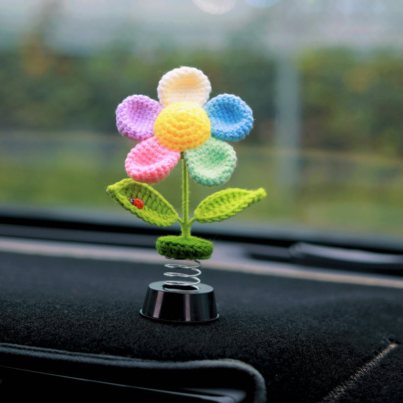 Crochet Rainbow Flower Car Dashboard Decor, Bobblehead Car Plant Dashboard Decor, Cute Car Accessories Interior, Car Air Freshener